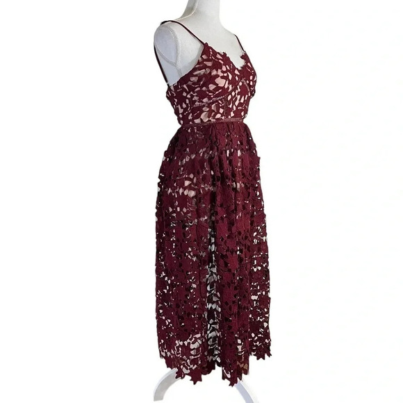 Aqua Red Maroon Lace Dress XS Midi Length Spaghetti Strap V Neck Cocktail Formal - Picture 2 of 12